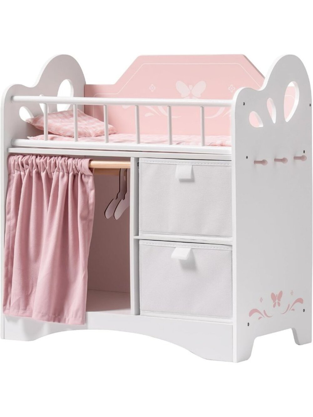 Wooden Baby Doll Crib with Storage & Bedding, Fits Dolls up to 21", Pink Toy